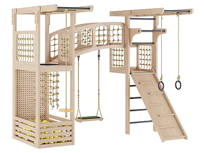Wooden Outdoor Multi Level Play Equipment With Climbing Net Swings Slide And Ladder 3d model