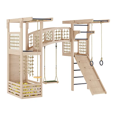 Wooden Outdoor Multi Level Play Equipment With Climbing Net Swings Slide And Ladder 3d model