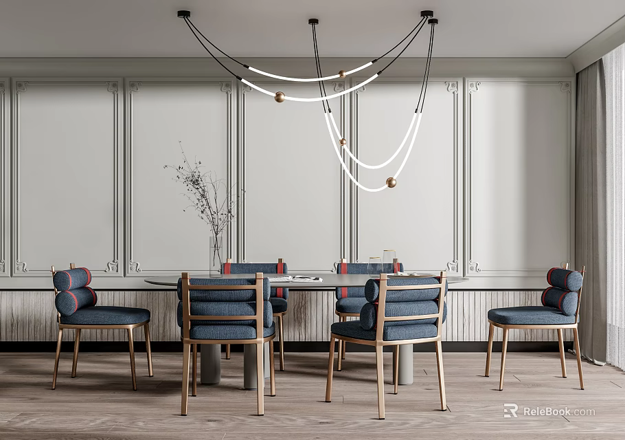 Modern Dining Table Set With Blue Chairs Pendant Light And Vase In Light Wall Interior 3d model
