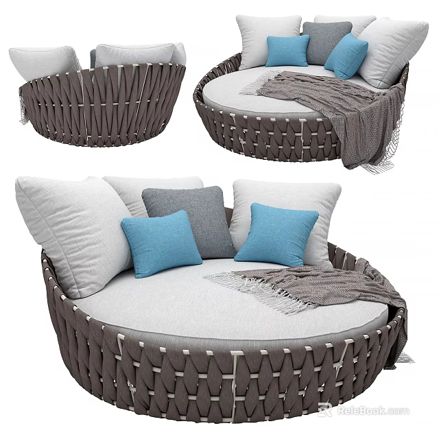 Stylish Round Wicker Outdoor Sofa With Gray Blue Cushions And Gray Throw Blanket 3d model 