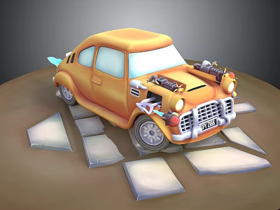 Cute Cartoon Style Yellow Car With Exposed Engine And Headlight Details On Display Platform 3d model