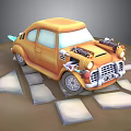 Cute Cartoon Style Yellow Car With Exposed Engine And Headlight Details On Display Platform