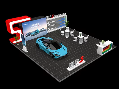 Exhibition Booth Design With Blue Sports Car Display Screen Tables And Plants 3d model