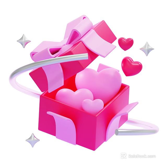 Romantic Pink Decorative Ornament Set Featuring Gift Box Heart Shapes And Star Accents 3d model 