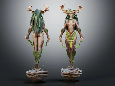 Mythical Antlered Nature Character With Green Long Hair Leafy Decorations And Root Pedestal 3d model