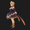 Woman With Blonde Hair Wearing Purple And Black Dress With Lace Skirt And Yellow Accents
