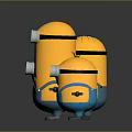 Minion dolls with yellow bodies blue overalls big eyes arms outstretched on black reflective background