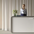 Modern Reception Desk with White Curtain Background Vase Green Flowers Black Box and LOGO