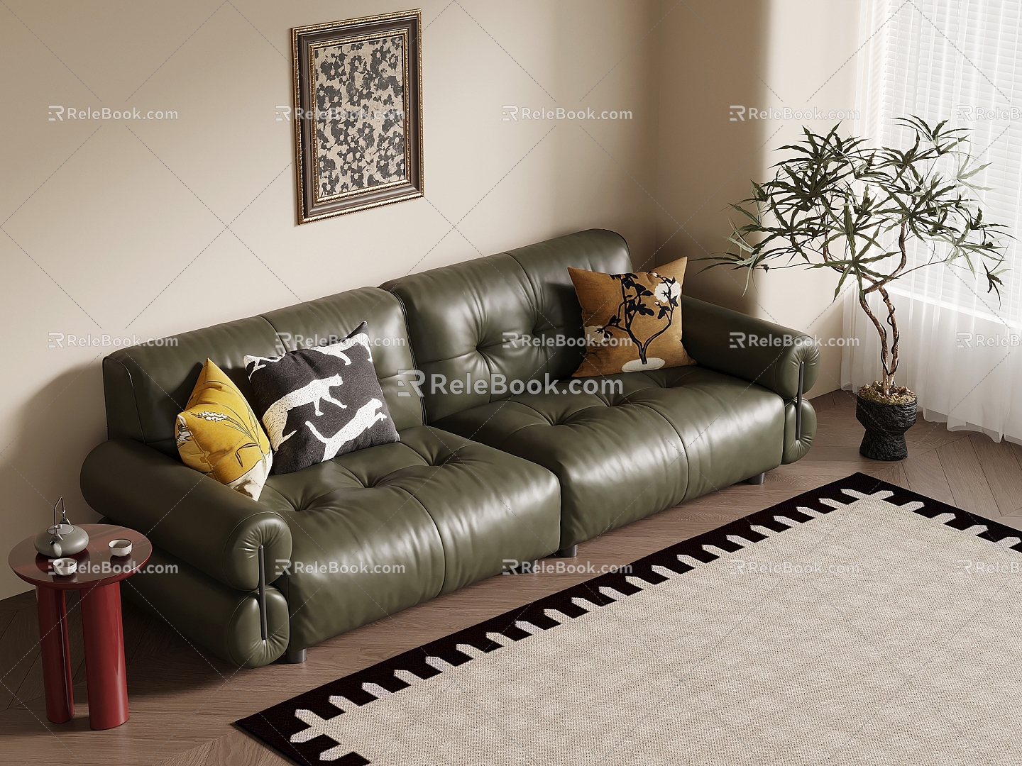 10 Sofa Retro Style Multi-person Sofa Leather Sofa Green Plant Potted Plant Side Decorative Hanging Painting 3d model