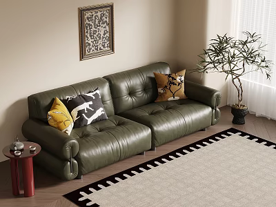 Cozy Living Room Interior Featuring Green Leather Sofa Colorful Pillows Small Tree And Patterned Rug 3d model