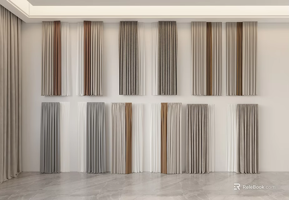 Neatly Arranged Curtains With Various Colors And Textures For Home Interior Design 3d model 