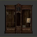 Dark Wood Display Cabinet Featuring Glass Doors And Shelves With Books And Painting