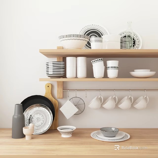 Stylish Black White Striped Dinnerware Set With Cups Bowls Plates On Wooden Shelf Hanging Tabletop 3d model 