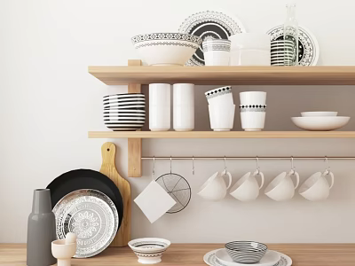 Stylish Black White Striped Dinnerware Set With Cups Bowls Plates On Wooden Shelf Hanging Tabletop 3d model