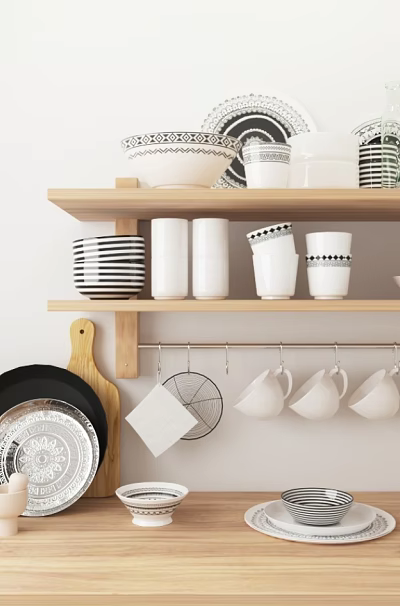 Stylish Black White Striped Dinnerware Set With Cups Bowls Plates On Wooden Shelf Hanging Tabletop 3d model