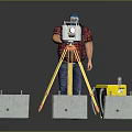 Precast Concrete Blocks On Construction Site With Surveying Equipment Tripod And Worker