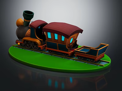 Electric Toy Train 3D Model With Green Track And Red Roof Carriage Design 3d model