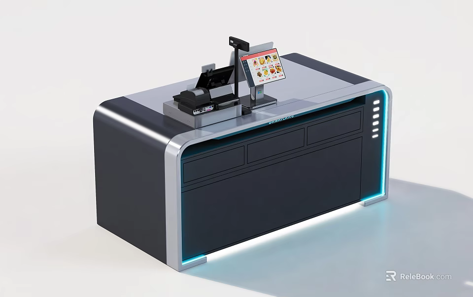 Sleek Modern Cash Register Counter With Digital Display Scanner And LED Accent Lighting 3d model 