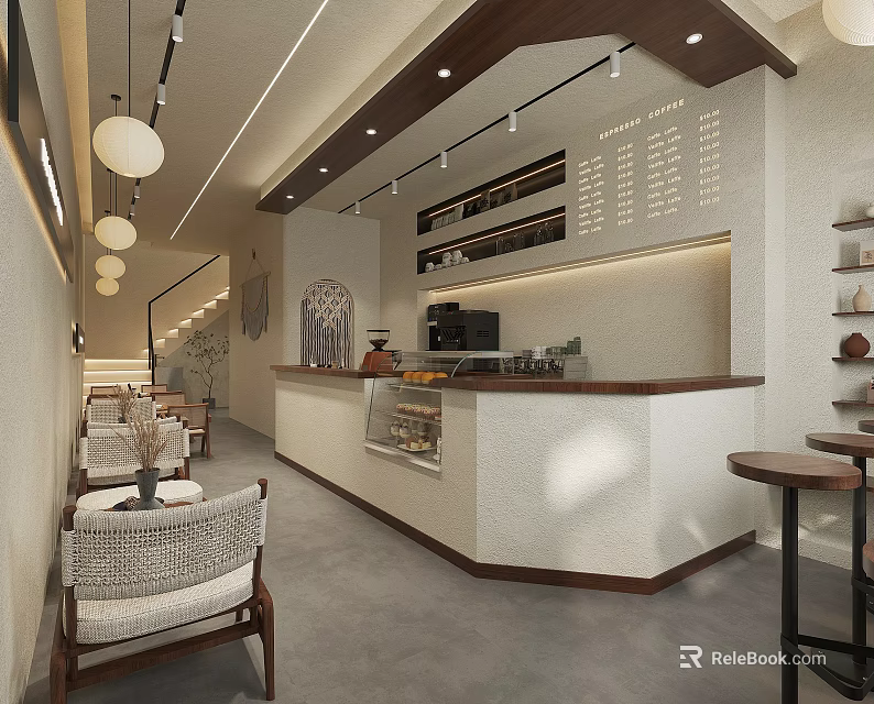 Warm Modern Café Interior Design Featuring Wooden Bar Counter Cozy Seating And Pendant Lights 3d model 