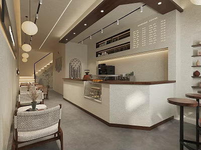 Warm Modern Café Interior Design Featuring Wooden Bar Counter Cozy Seating And Pendant Lights 3d model