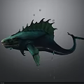 Green Mythical Fish with Spiky Dorsal Fin Long Tail Surrounded by Floating Water Droplets Underwater