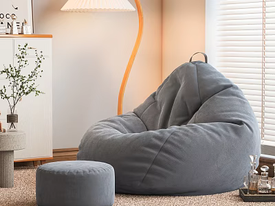 Gray Bean Bag Chair With Matching Ottoman Soft Plush Fabric In Cozy Living Room Interior 3d model