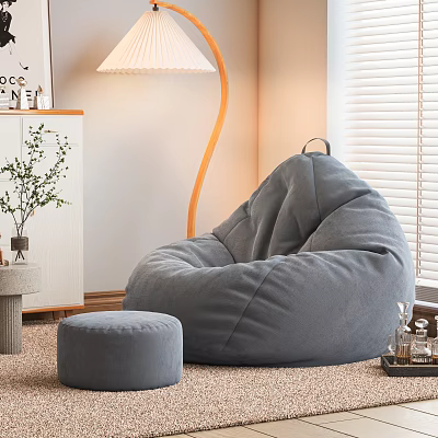 Gray Bean Bag Chair With Matching Ottoman Soft Plush Fabric In Cozy Living Room Interior 3d model
