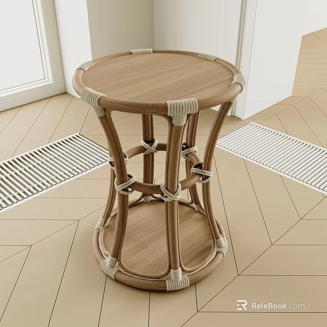 Modern Round Stool With Wooden Top Curved Legs And White Woven Rope Design 3d model 
