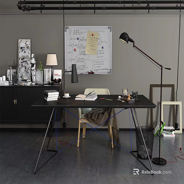 Black Desk with Books Lamp Coffee Cup Floor Lamp and Whiteboard in Study 3d model 