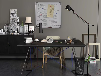 Black Desk with Books Lamp Coffee Cup Floor Lamp and Whiteboard in Study 3d model