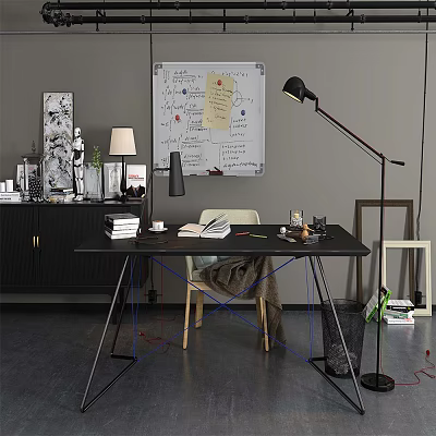 Black Desk with Books Lamp Coffee Cup Floor Lamp and Whiteboard in Study 3d model