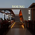 Modern Elegant Cafe Interior Design With Glass Skylight Decorative Wall And Chandeliers