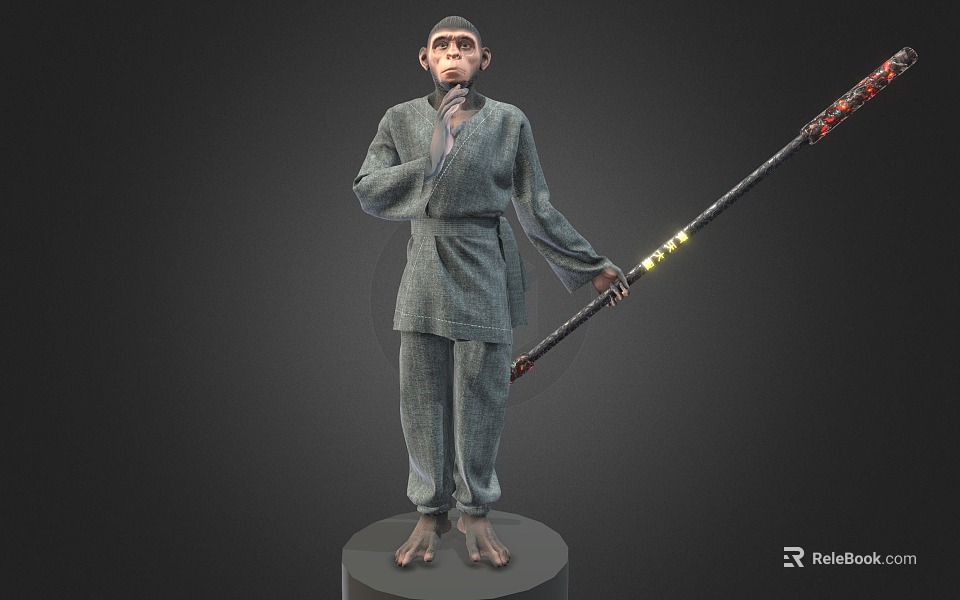 3D Game Character In Gray Traditional Robe With Glowing Long Staff Standing On Pedestal 3d model 