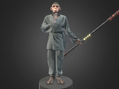 3D Game Character In Gray Traditional Robe With Glowing Long Staff Standing On Pedestal 3d model