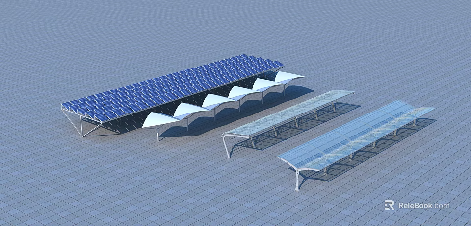 Modern Outdoor Sunshade Canopy With Blue Solar Panels And White Frame Structure 3d model