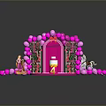 Decorative Pink Arch With Balloons Bow Roses Cake Little Girl And Pony Dolls