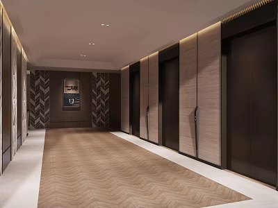 Elevator Hallway Featuring Herringbone Flooring Modern Elevator Doors And Decorative Wall Panels 3d model