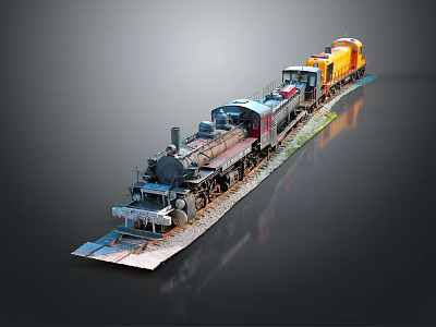 Vintage Steam Train Locomotive With Colorful Modern Carriages And Detailed Wheels On Display Platform 3d model