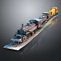 Vintage Steam Train Locomotive With Colorful Modern Carriages And Detailed Wheels On Display Platform