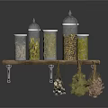 Wooden Shelf With Glass Jars Containing Spices And Hanging Dried Herb Bundles