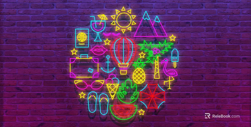 Colorful Neon Decorative Lights With Various Icons On Brick Wall Background 3d model 