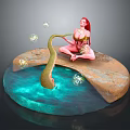 Red Haired Woman Sitting on Rocky Platform With Blue Water Green Snake and Transparent Bubbles