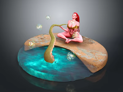 Red Haired Woman Sitting on Rocky Platform With Blue Water Green Snake and Transparent Bubbles 3d model