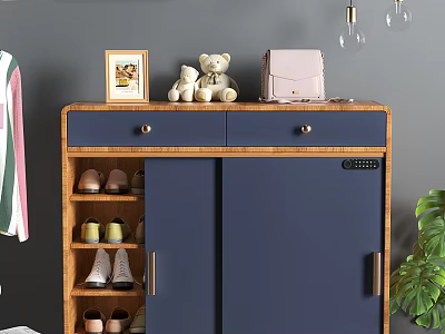 Wooden Shoe Cabinet With Blue Doors Drawers And Decorative Items On Top 3d model