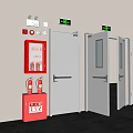 Fire Safety Equipment With Extinguishers Hydrant Cabinet And White Glass Exit Doors