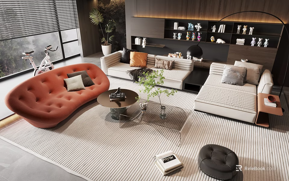 Modern Sofa and Coffee Table Set With Decorative Pillows Green Plants and Striped Rug 3d model 