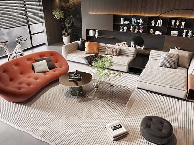 Modern Sofa and Coffee Table Set With Decorative Pillows Green Plants and Striped Rug 3d model