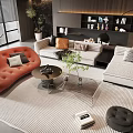 Modern Sofa and Coffee Table Set With Decorative Pillows Green Plants and Striped Rug