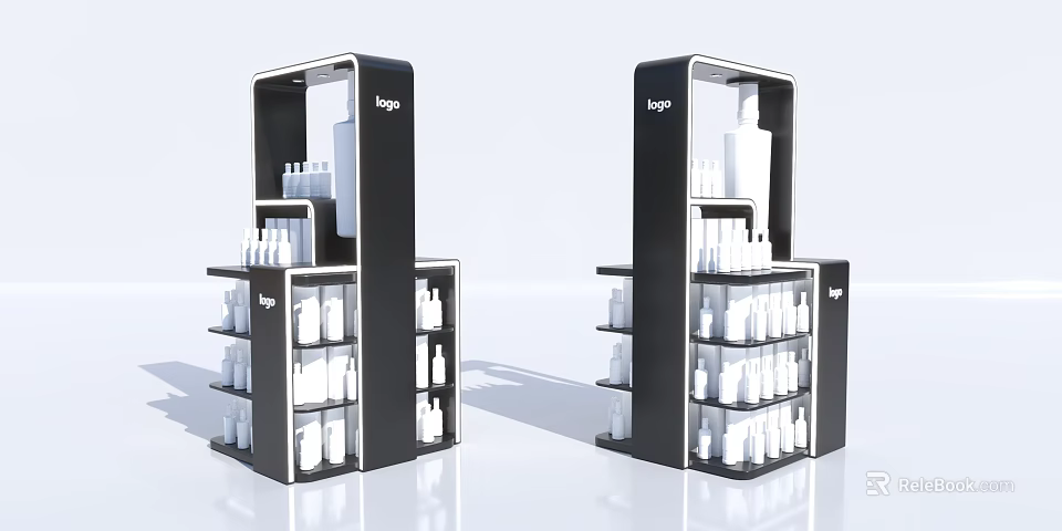 Black Bookcase With Logo Design Multiple Shelves And White Product Bottles 3d model 