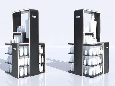 Black Bookcase With Logo Design Multiple Shelves And White Product Bottles 3d model